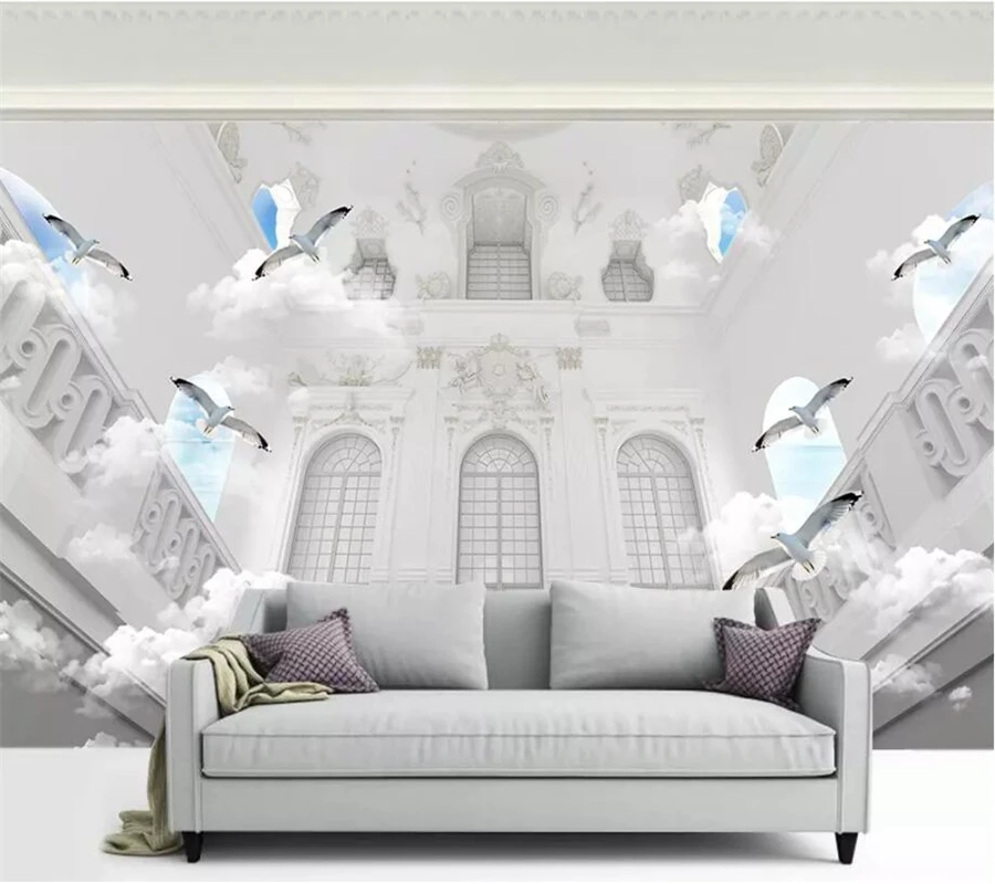 

wellyu papel de parede para quarto Custom wallpaper 3D white European blue sky white clouds flying bird relief wall tapety