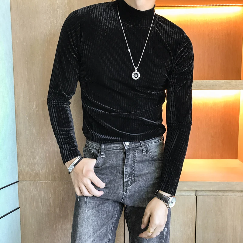 Velours Homme 2019 Autumn Heren Velvet T shirt Green Turtleneck Khaki T Shirts Mens Stripe T-shirts Slim Fit Mens T Shirt Retro image 3