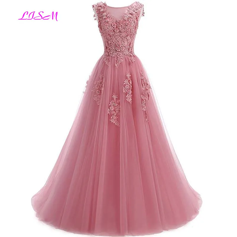 Lace Appliques Beaded Tulle Prom Dresses A-Line Sleeveless Evening Formal Dress Long Party Gowns vestidos de gala