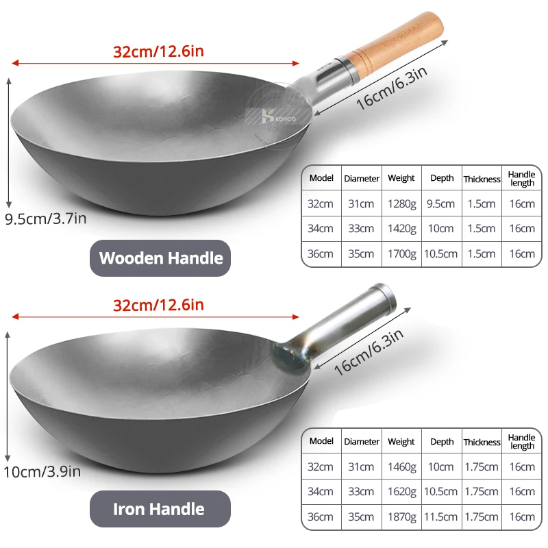 Konco Iron Wok Traditional Hand Hammered Iron Wok,Chinese Cooking Pot General Use for Gas and Induction Cooker