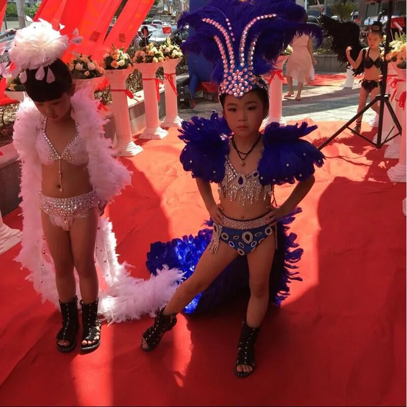 Bikini Wit Zwart Blauw Kleurrijke Pauw Mantel Voor Kinderen Carnaval Stage Performance Kostuums Voor Meisje