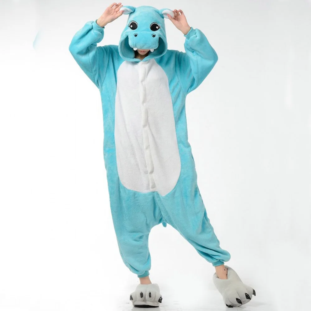 Blue Hippo Animal Pajamas Adults Flannel Onesies Winter Warm Sleepwear Robe Cartoon Pijamas Halloween Cosplay Costume