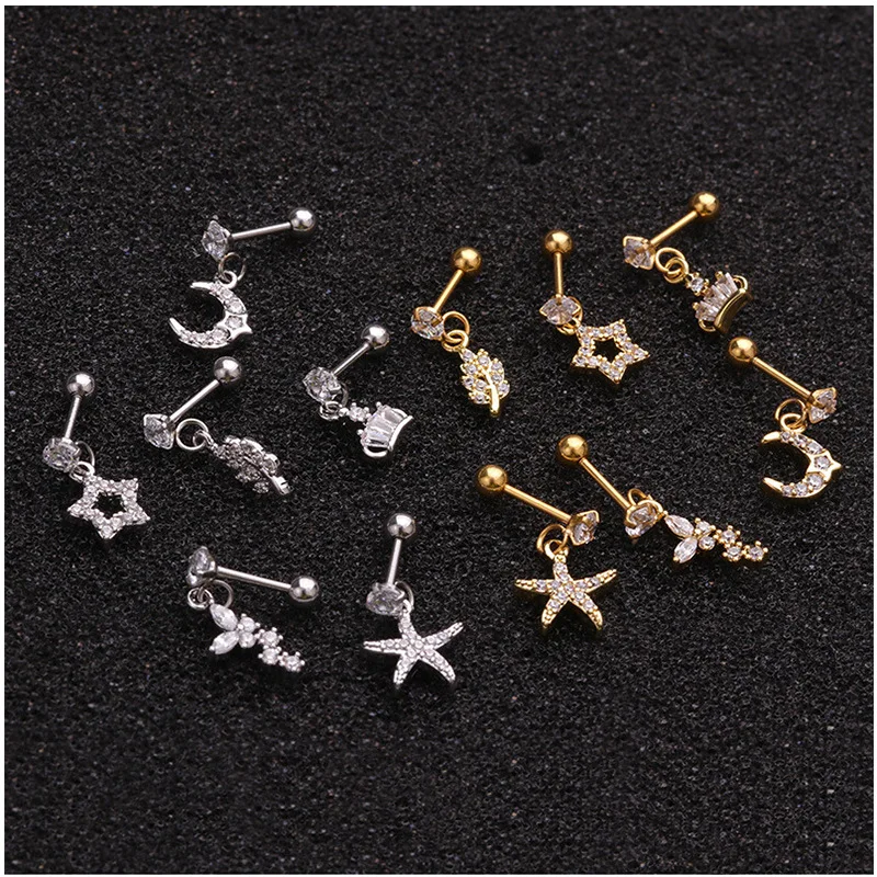 New arrival 6styles Star heart Moon crystal tragus ear piercing plug stainless steel daith earrings helix cartilage studs