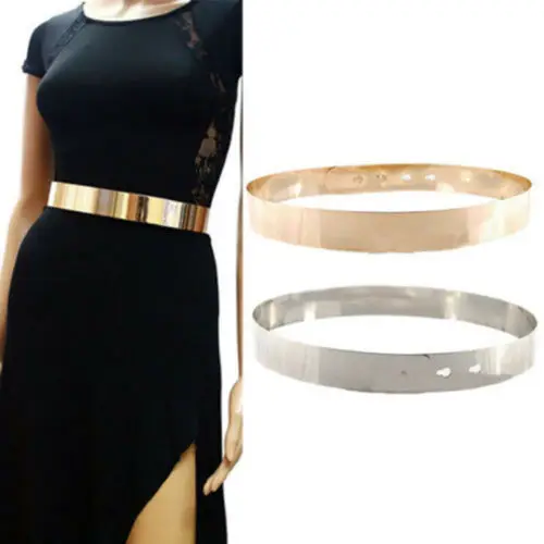 HOT Women Adjustable Metal Waist Belt Metallic Bling Gold Silver Color Plate Vintage Lady Simple Belts