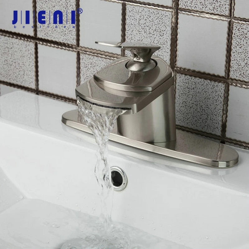 

JIENI Waterfall Bathroom Brushed Nickel Cover Plate Deck Mounted Wash Basin Sink Tap Mixer Faucet Solid Brass Bathroom Mixer Tap