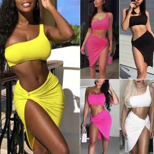 Summer Women Sexy 2 Piece Clothes Set Crop Tops and Split Skirt Set Lace Up Mini Dress Beach Vacation Resort Wear