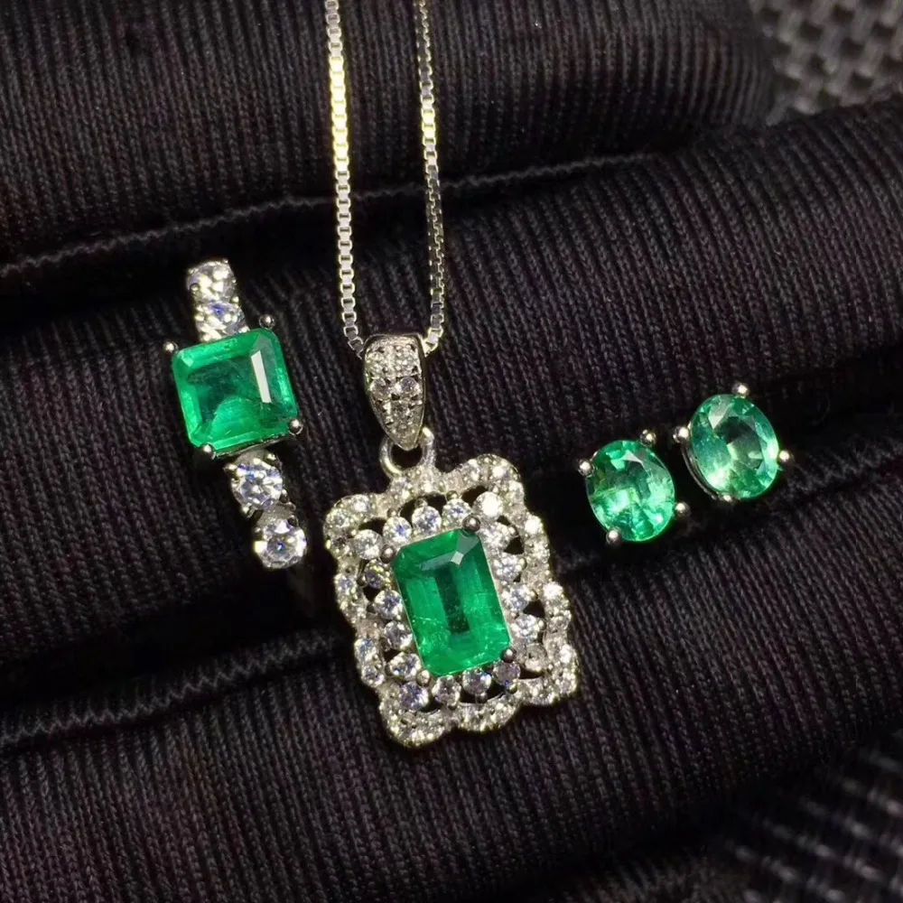 Emerald jewelry set  Natural and Real Emerald 925 sterling silver 1pc pendant,1pc ring ,2pcs Earring