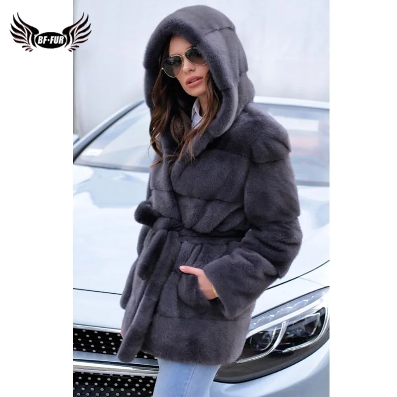 BFFUR-Manteau en Fourrure group de Vison pour Femme, Veste d'Hiver avec Capuche, Combinaison en Cuir à la Mode