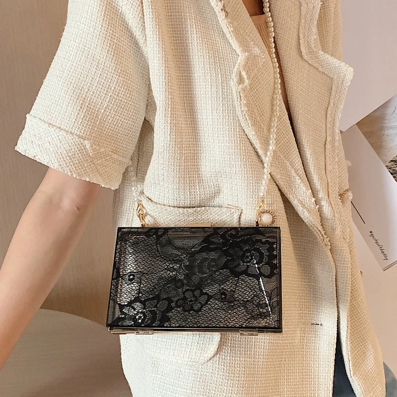 Black & White Lace Acrylic Box Design Pearl Chain Ladies Party Clutch Bag Shoulder Bag Tote Bag Women Evening Bag Flap Handbag