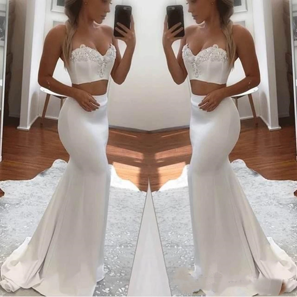 Sexy Sweetheart Mermaid Two Pieces Evening Dresses Sleeveless White Special Occasion Prom Party Dresses Lace Beaded Appliques