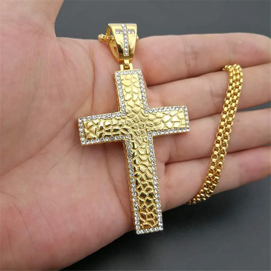 Iced Out CZ Large Big Cross Pendant With Chain Gold Color Stainless Steel Men Necklace Hip Hop Bling Bling Jewelry N1492