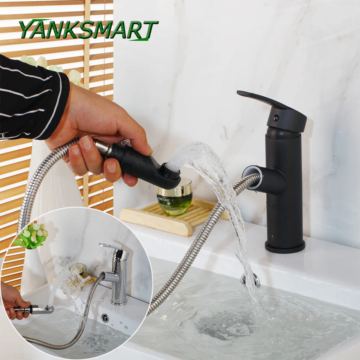 

YANKSMART Basin Mixer Tap 360 Degree Rotate Type Basin Faucet Black/Chrome Finish Bathroom Faucets Single Hand Bathroom