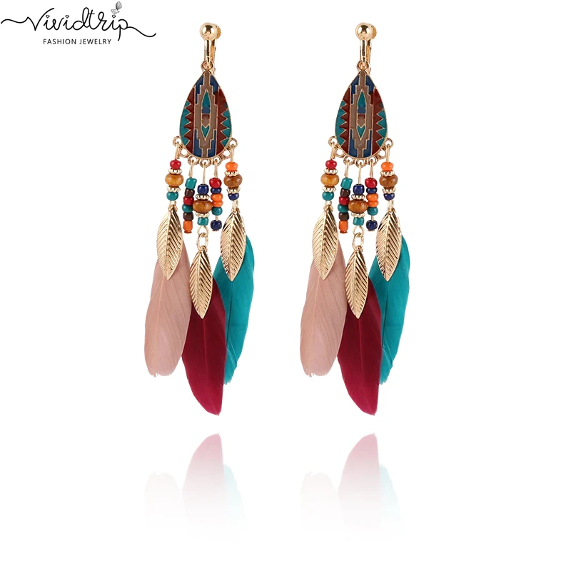 Fashion Bohemian Long Tassel Enamel Feather Clip on Earrings for Women Without Piercing Hanging Ear Clips Female Bijoux 2018