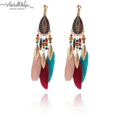 Fashion Bohemian Long Tassel Enamel Feather Clip on Earrings for Women Without Piercing Hanging Ear Clips Female Bijoux 2018