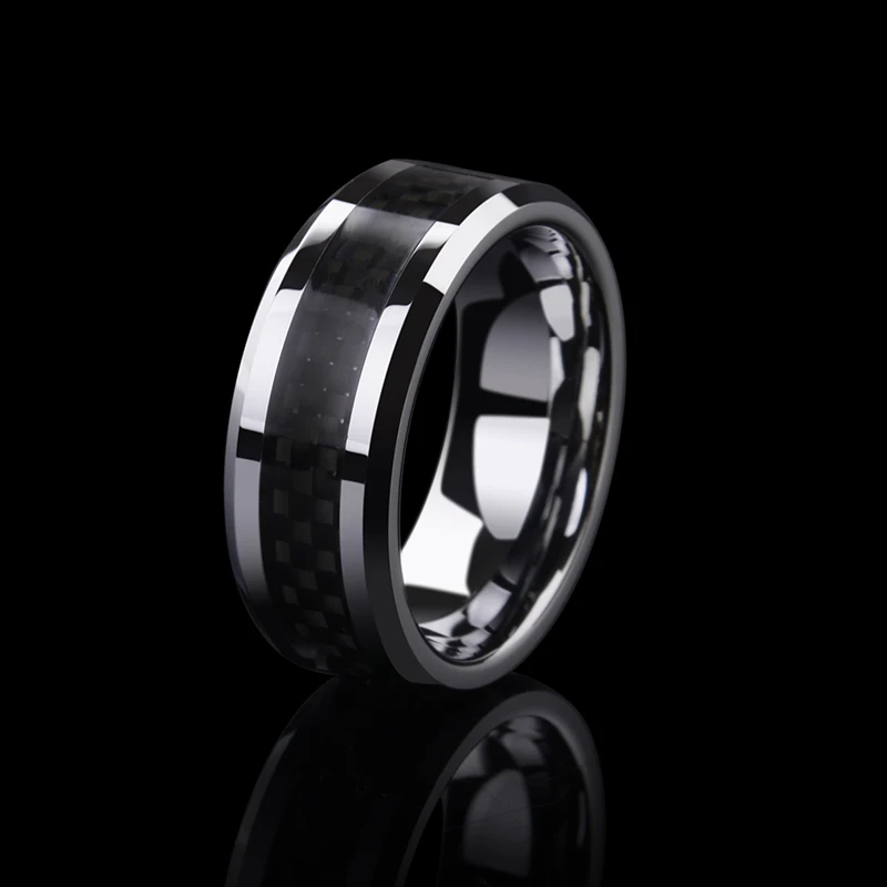 Hot INS High Polished 8mm Width Tungsten Rings Black Carbon Fiber Inaly  For Man\'s Finger Rings Size 6-14 Comfort Fit