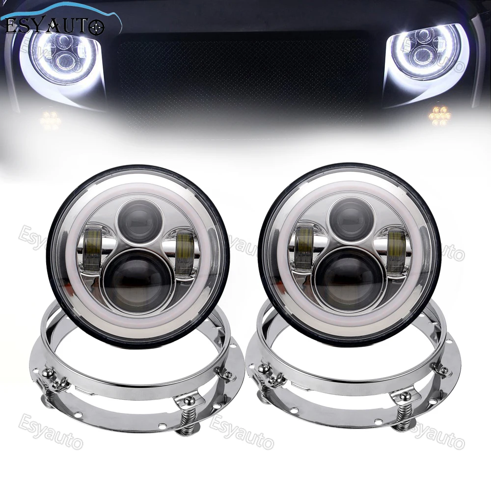 

7 Inch Headlights Angel eye Halo ring Round LED headlamp h4 play and plug+7 inch headlight Bracket ring For Jeep Wrangler