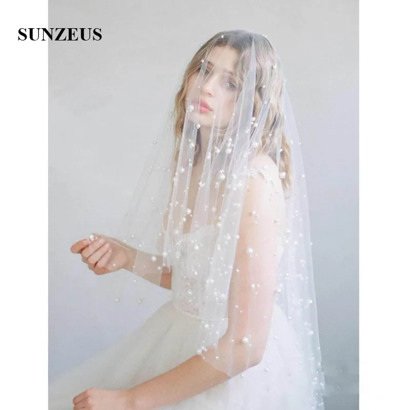 White Wedding Veils with Comb Pearls Cut Edge Two Layers Bridal Veil Middle Length gelin duvak SBV44