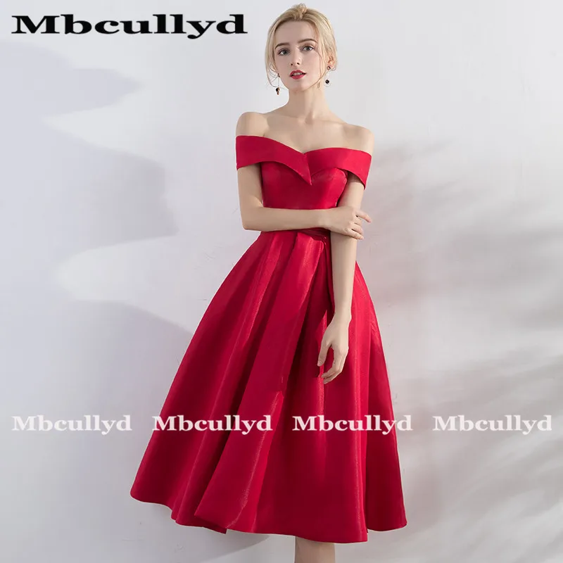 Mbcully-elegante vestido de fiesta rojo Simple para mujer, vestido Sexy de satén con hombros descubiertos para ocasión especial, vestido de gala, oferta barata, 2020