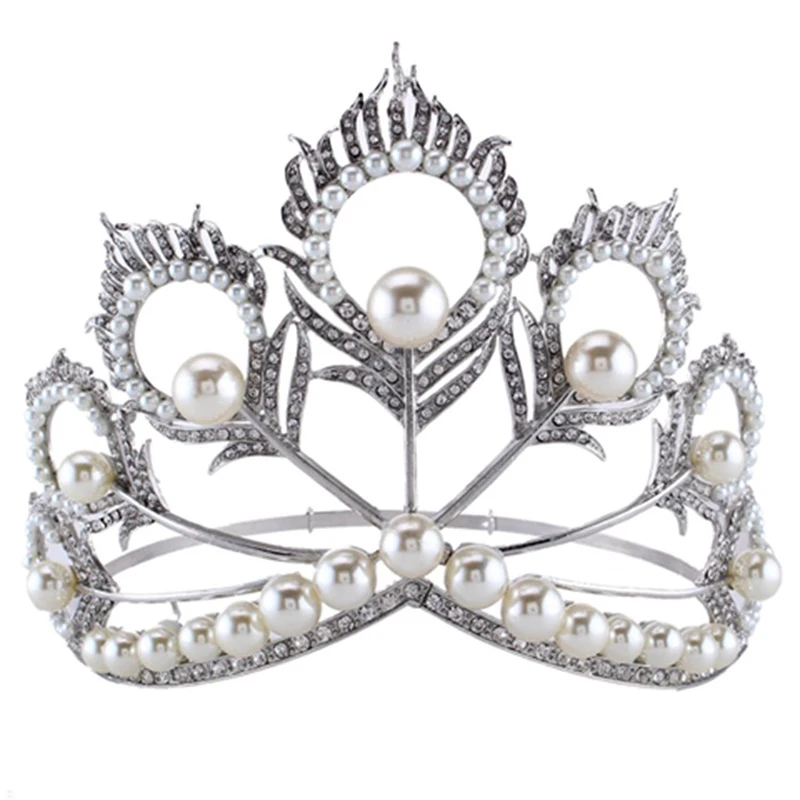 

Exquisite Miss Universe Big Crown Adjustable Pearl Bridal Tiara Hairband Crystal Rhinestone Pageant Crowns Coroa Novia Bijoux