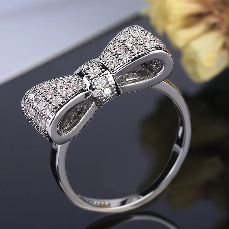 White Bow Zircon Wedding Ring for Women Micro-inlaid Simulation Ring Fashion Simple Jewelry Engagement Love Ring Birthday Gift