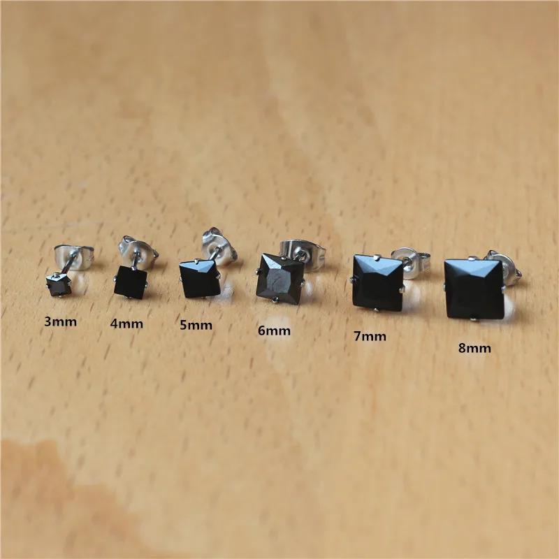 

1 Pair Stainless Steel Stud Earrings Vacuum Plating With Square Black CZ Crystal No Easy Fade Allergy Free Classic Style