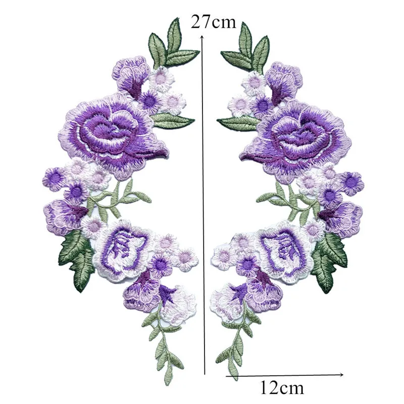 2PCS 27CM Embroidered Sew On Patches Roses Flowers Peony 5 Colors Wedding Appliques Lace Trims For Bride Evening Dress DIY