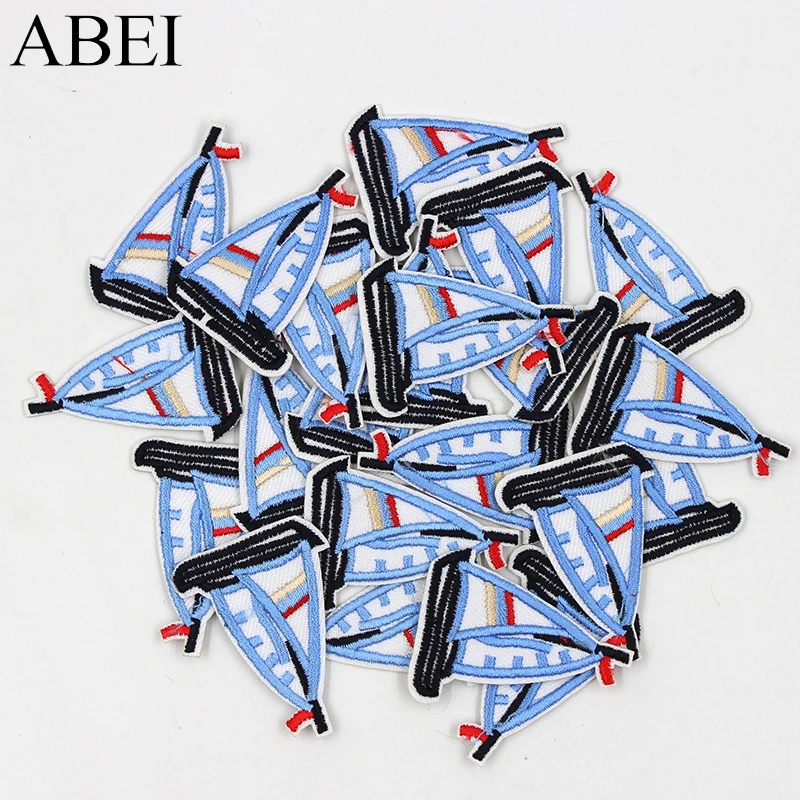 10pcs/lot Cartoon Blue Sailboat Patches Embroidered iron-on Appliqued Kids Apparel Bags Shoes Stickers DIY Patchwork Material