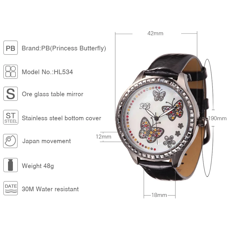 Princess Butterfly Colorful Women\'s Quartz Watch Crystal Butterfly Flower Mother of Pearl Dial Ladies Watch Leather Strap