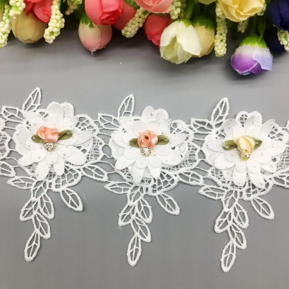 

1 Yard Cotton Rose Flowers Leaf Tassel Embroidered Lace Trim Ribbon Fabric Sewing Craft For Costume Wedding Dress DIY Decoration