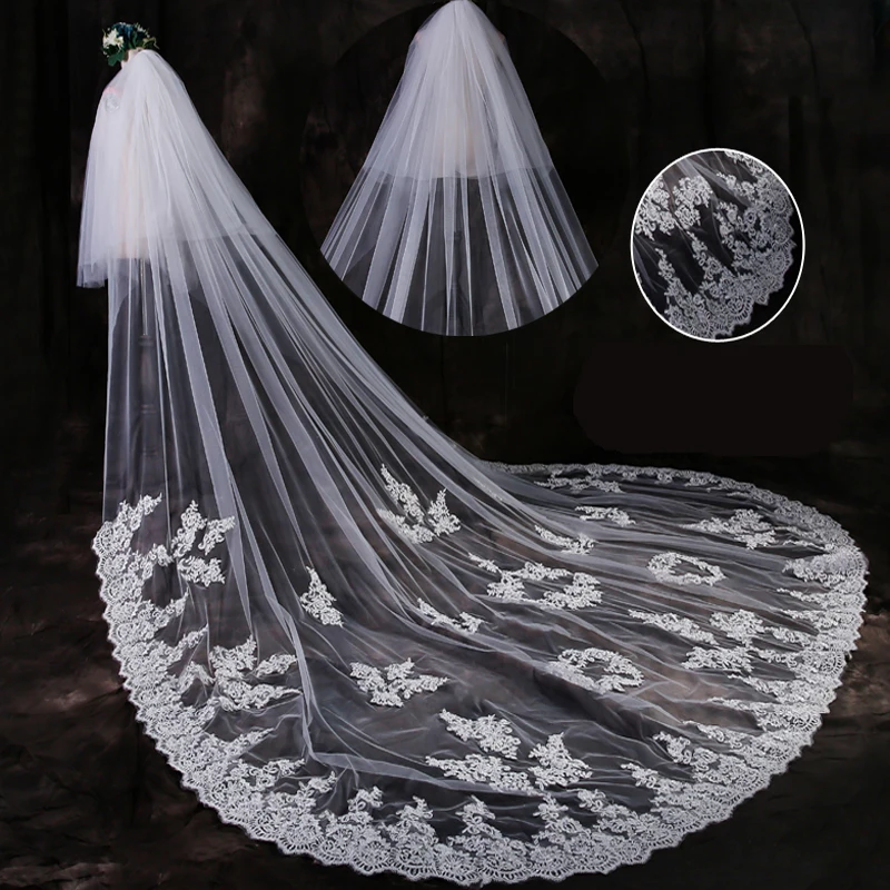 2024 Super Quality Romantic Korean Style Lace Appliqued Long Tail Veil 3.5Meter Wedding Veils Velo De Matrimonio