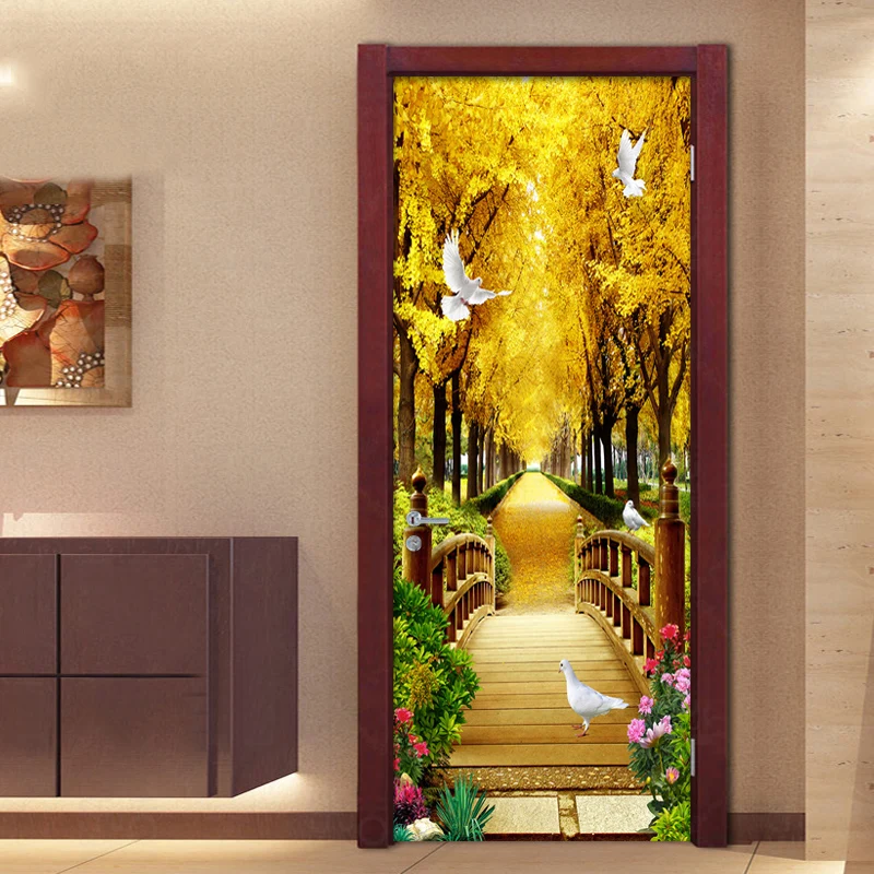 Foto papel de parede 3d floresta dourada natureza paisagem murais pvc auto-adesivo adesivos de parede sala de estar à prova d3d água 3d porta adesivo