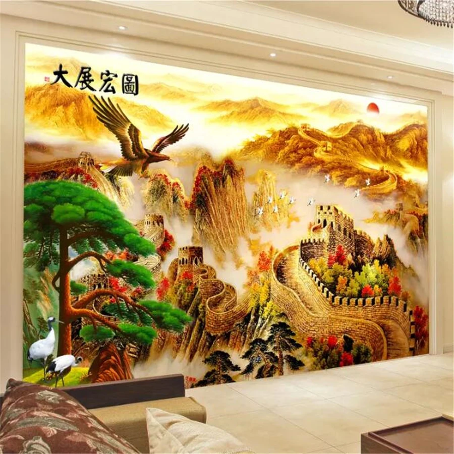 

beibehang Custom wallpaper 3d mural embossed gold Great Wall welcome pine background wall living room bedroom wallpaper 3d mural