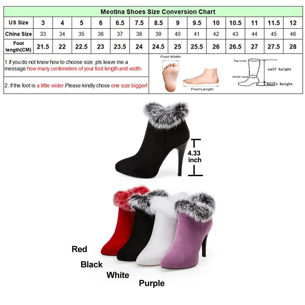 Meotina Shoes Women High Heels Ankle Boots Winter Boots Fur Platform High Heels Ladies Boots Zip White Purple Big Size 11 44 45