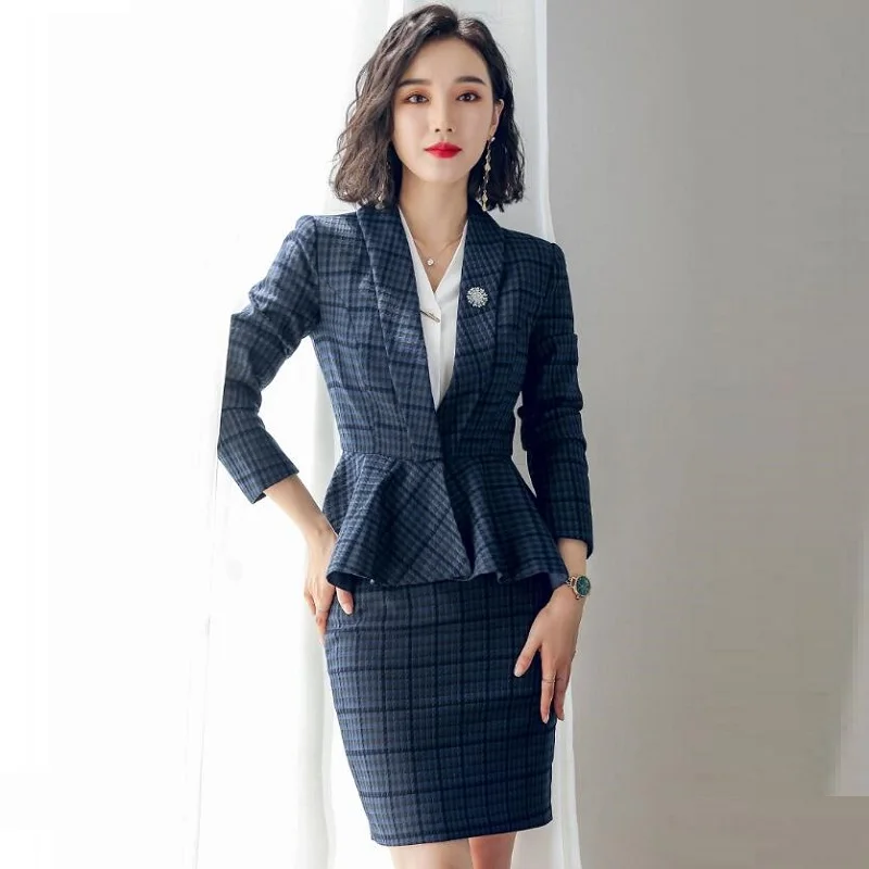 

Plaid Women Suits Office Sets Ol Ladies Office Uniform Designs Wear Interview Suits Salon Slit Mini Skirt Business Suit DD2082