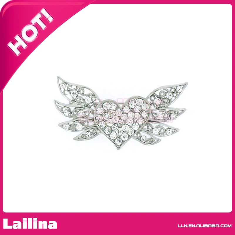 Fashion 100pcs/lot Heart Shape Brooch Clear Crystal Wings Brooch