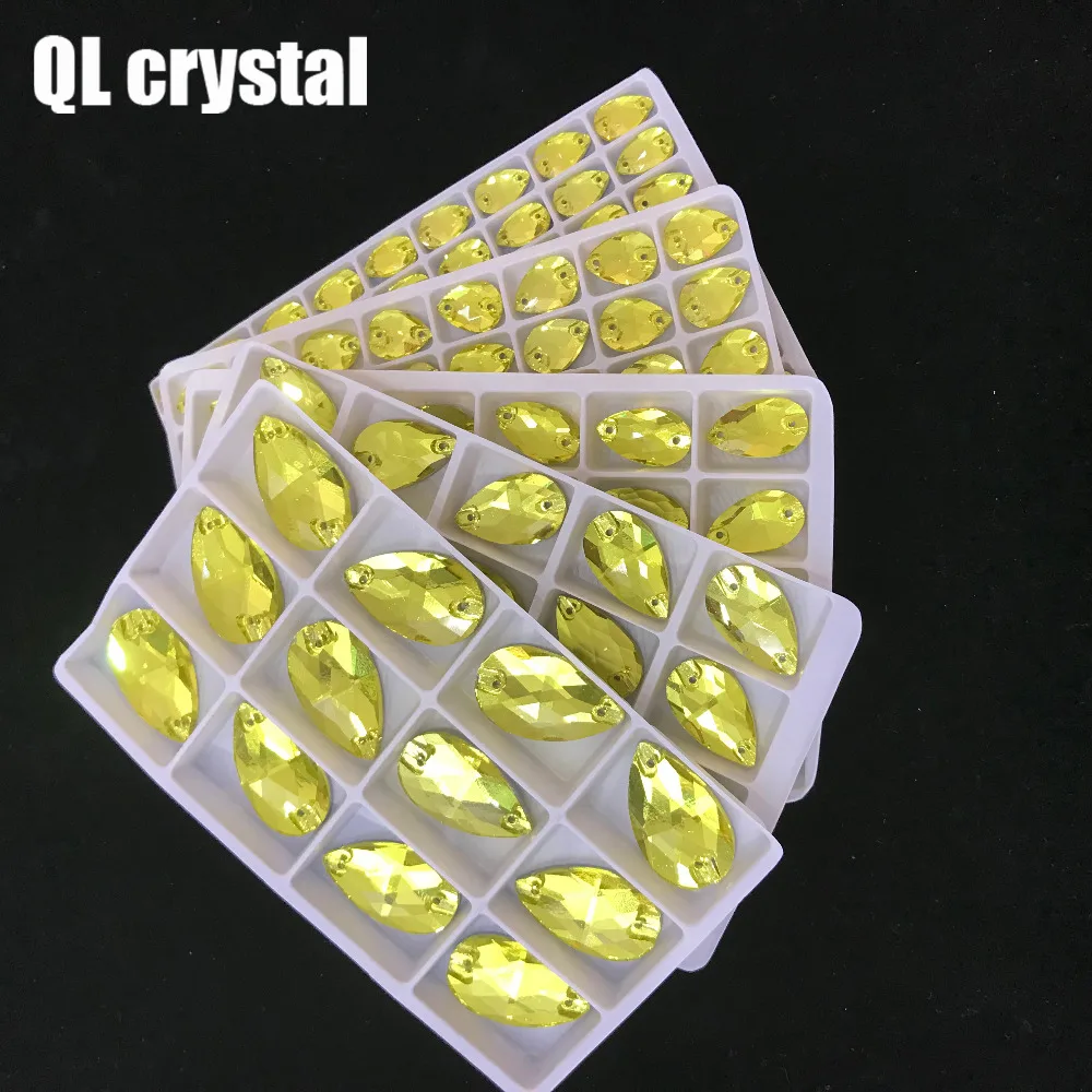 ALL Size QL Crystal 2018 popular Lemon yellow Drops Sew On Crystal Stones Sewing On Rhinestone 2 Holes DIY Garment Dress Making