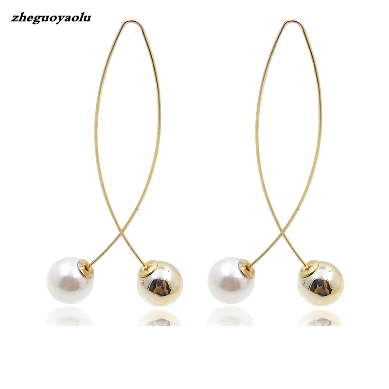 2018 New Fashion Cross Imitation Pearl Earrings Long Simple Gold beads Earrings Women Jewelry Boucles D\'oreilles Pour Les Femmes