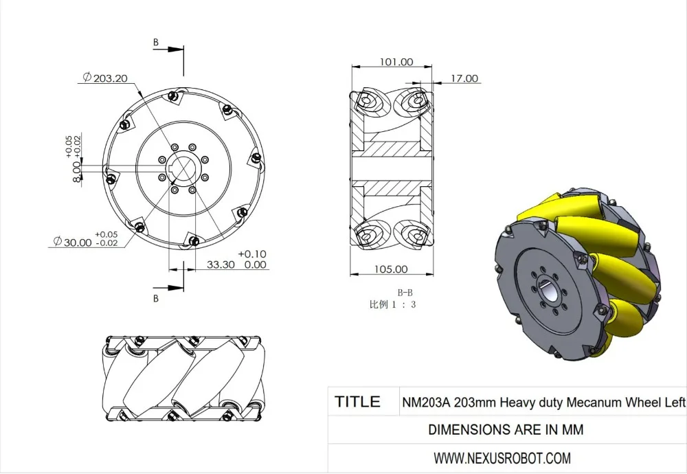 A set of 8inch(203mm) mecanum wheel with PU roller(Load cacipity 500KG) NM203A