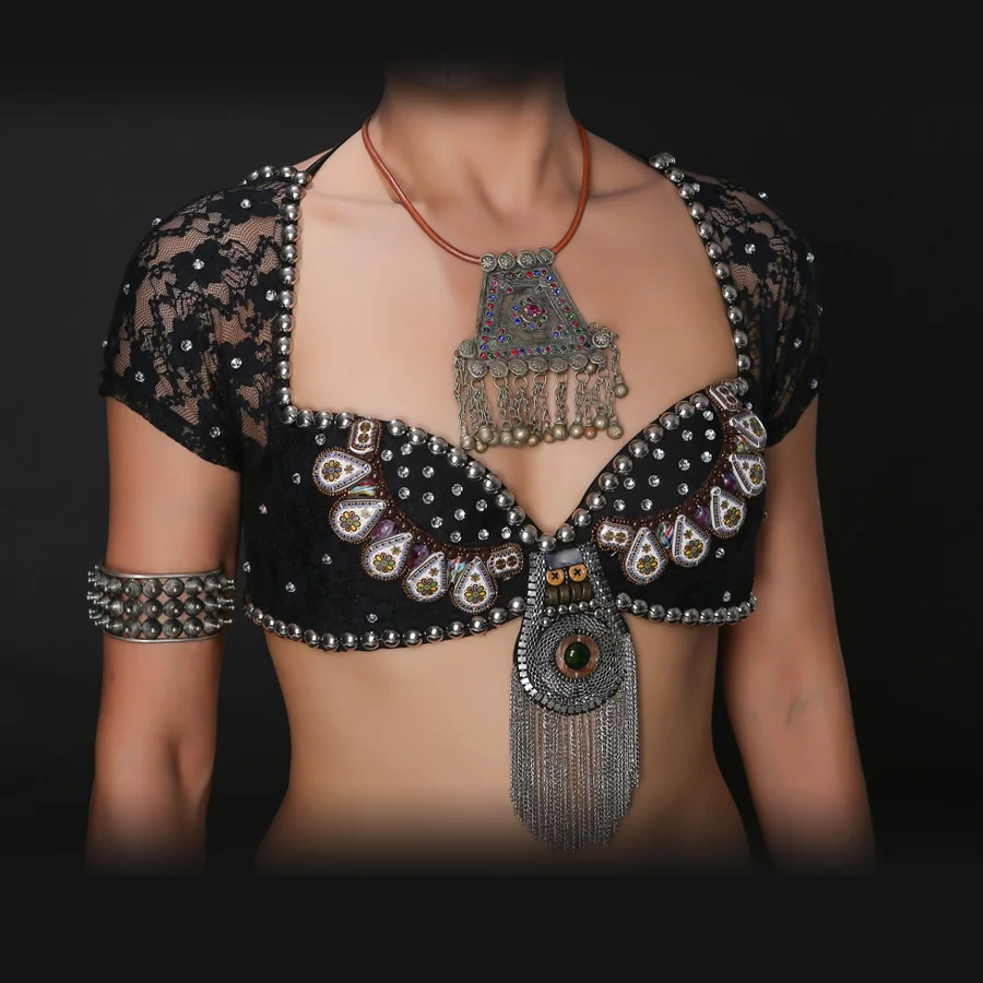 ATS Tribal Belly Dance Bra Tops Metallic Studs Push Up BeadsBra B/C CUP Vintage Coins Top Gypsy Dance Bra Lace