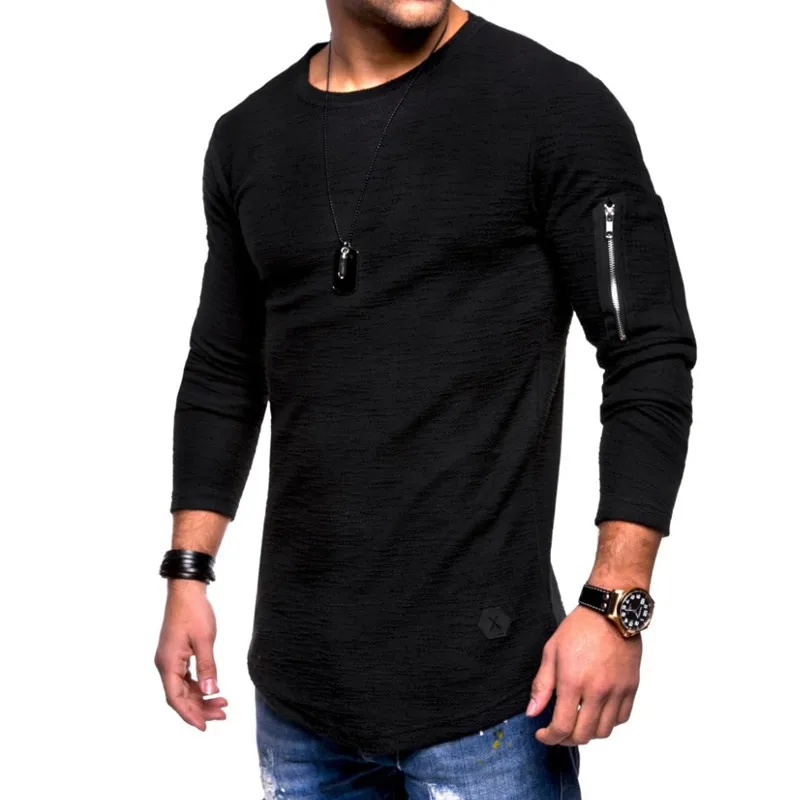 2022 New Tshirt Men\'s Spring Autumn T Shirt Men Long Sleeved Cotton Causal Bodybuilding Folding O Neck Tshirt Tops Tees Men