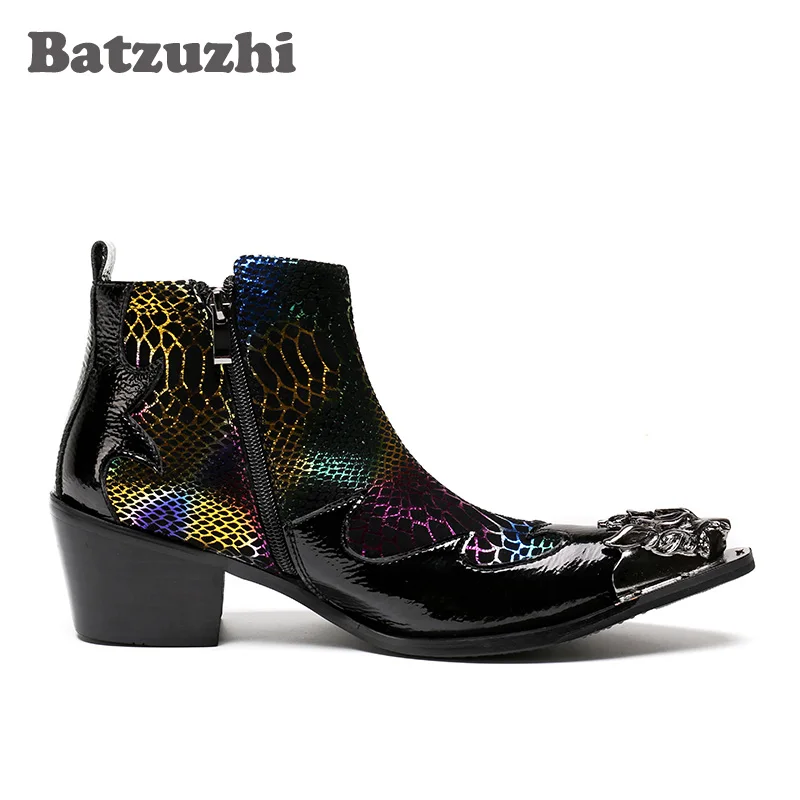 

Batzuzhi Western Boots Men Pointed Metal Tip Punk Leather Boots Men Club/Business/Stage Boots Men 6.5cm Height Increased