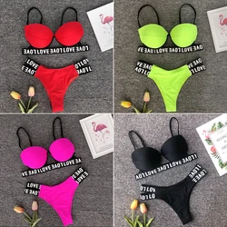 Maillot de bain de sport sexy pour femmes, bikini néon, push-up, ensemble deux pièces, bandage, tenue de plage, baigneuses, lettres trempées, 2021