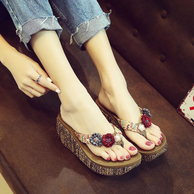 

Shoes Woman Summer Bohemia Slippers Fashion Toes Flip Flops Flower Womens Wedge Sandals Beach Slippers Shoes(in stock)