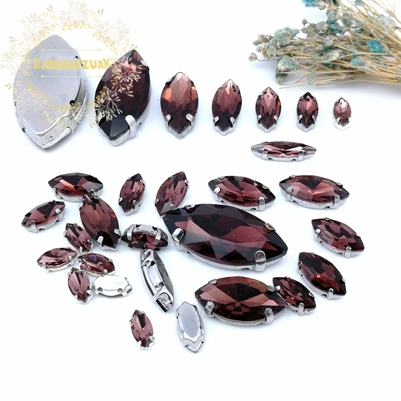 Silver Claw Setting 30pcs/Bag Horse eye Wine Red  Shapes Mix Clear Gass Crystal Sew On Rhinestone Wedding Dress Shoes Bag Diy