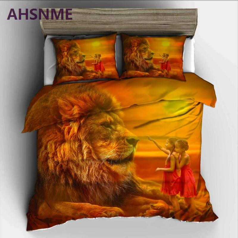 AHSNME Giant Lion King and Dwarf Bedding Set High-definition Print Quilt Cover for RU AU EU King Double Size jogo de cama