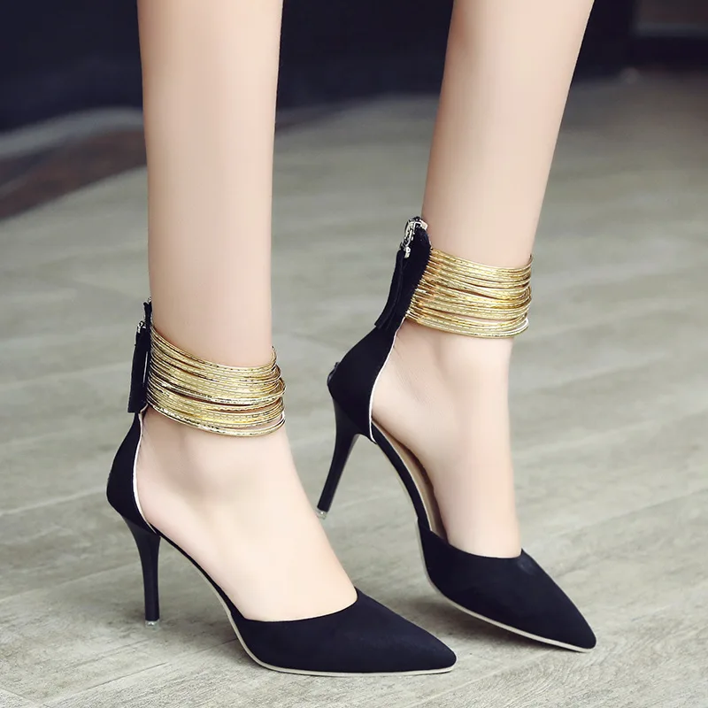 

Spring Autumn Women shoes classic Pointed Suedes Flock Pumps Curve High Party Fashion Metal Strap Shoes Ladies Heels