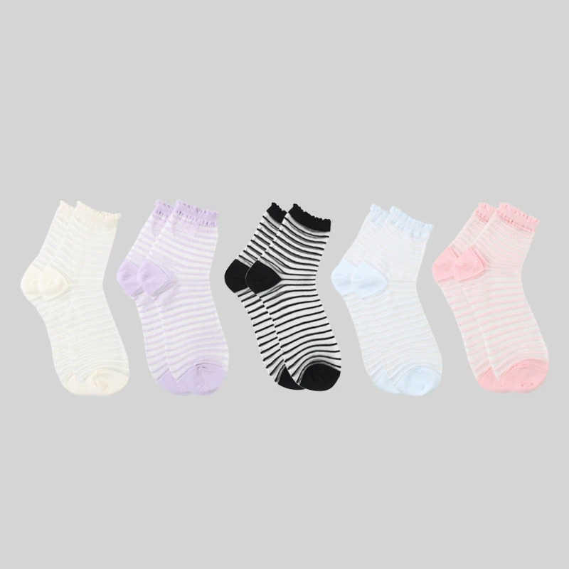 

DONGAI 5 Pairs Spring Summer Glass Short Socks Female Thin Crystal Silk Women Cotton Lace Striped Five Color Transparent Socks