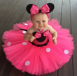 Girls Pink Mickey Cartoon Tutu Dress Baby Crochet Tulle Dress with White Dots and Headband Kids Party Cosplay Dress Ballet Tutus