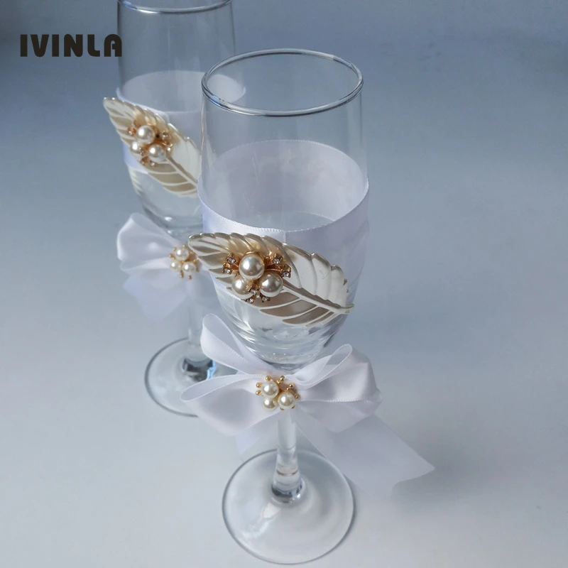 1 Pair/Lot pearl  leaf wedding Champagne Toasting Glasses Set for wedding decoration