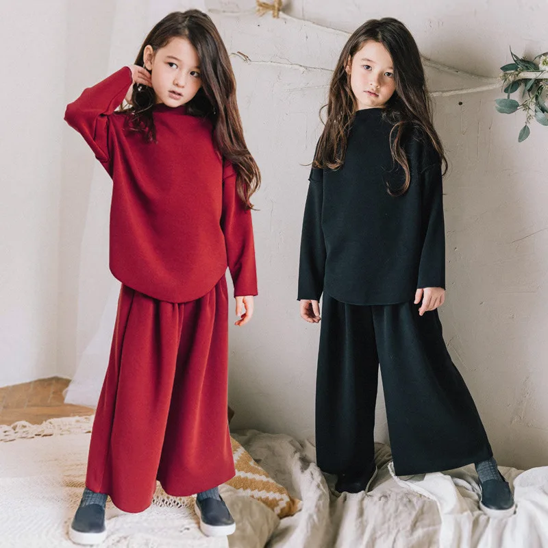 

Fleece Cotton Teenage Girls Clothing Sets Kids 2024 Autumn Winter Clothes Suits Girl 2 Pcs Loose Hoodies + Wide Leg Pants Suits